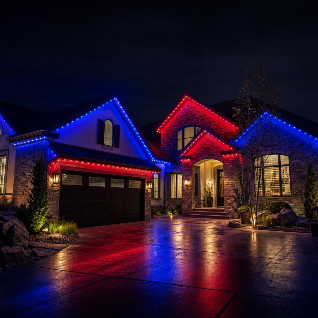 Utah home at night with permanent roofline lighting for Team colors across your roofline.