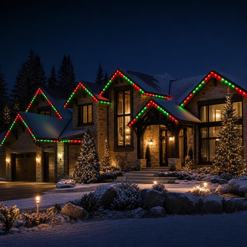 Utah home at night with permanent roofline lighting for Holiday color from one permanent system.