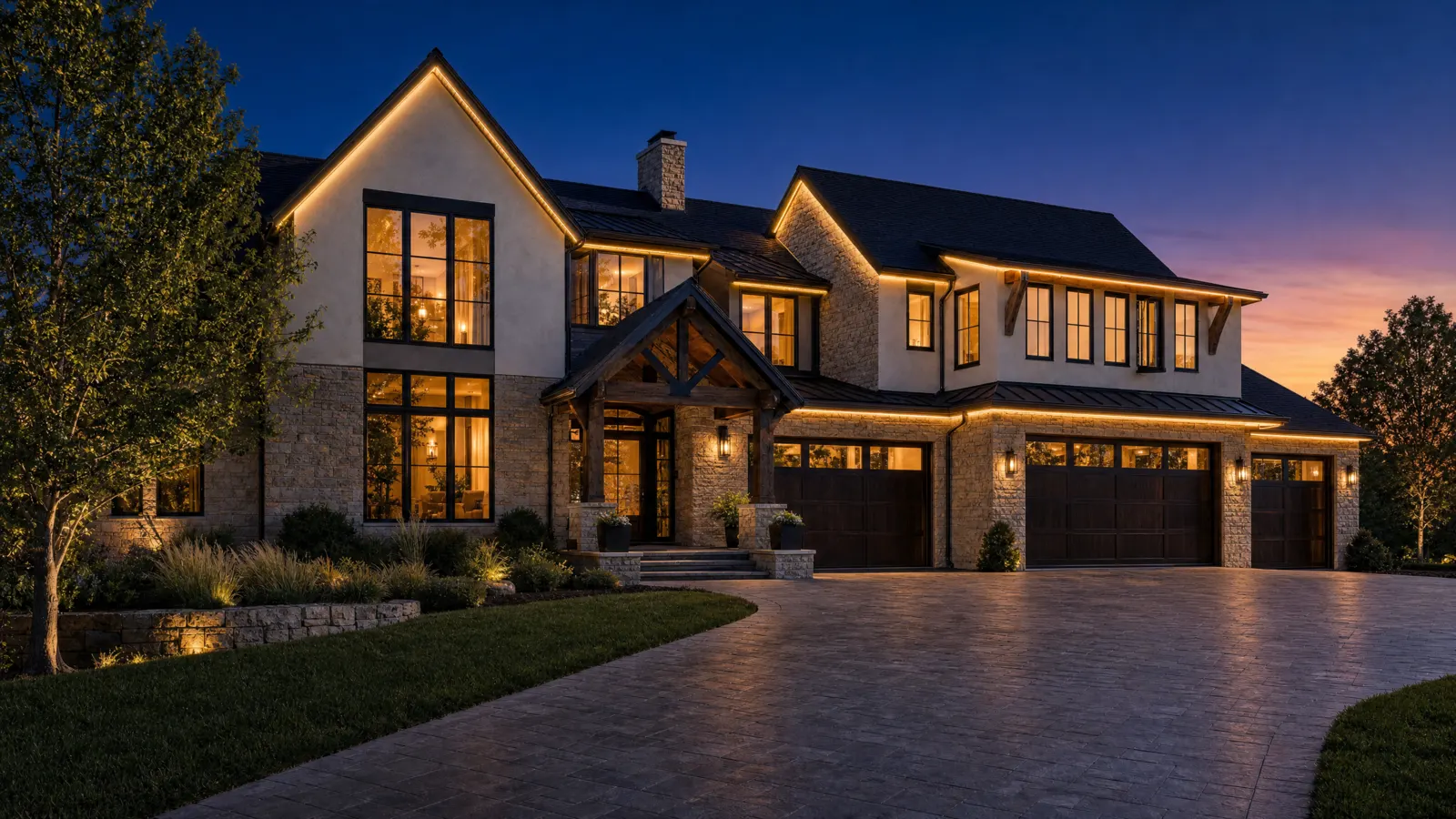 Utah home at night with permanent roofline lighting for Architectural accent lighting for every evening.