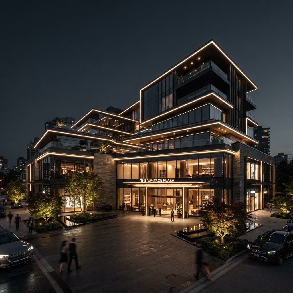Upscale commercial building at night with clean warm roofline lighting