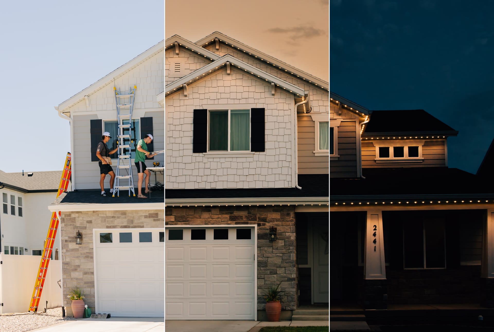 Three-panel view of a home during lighting installation, at dusk, and at night with warm roofline lights